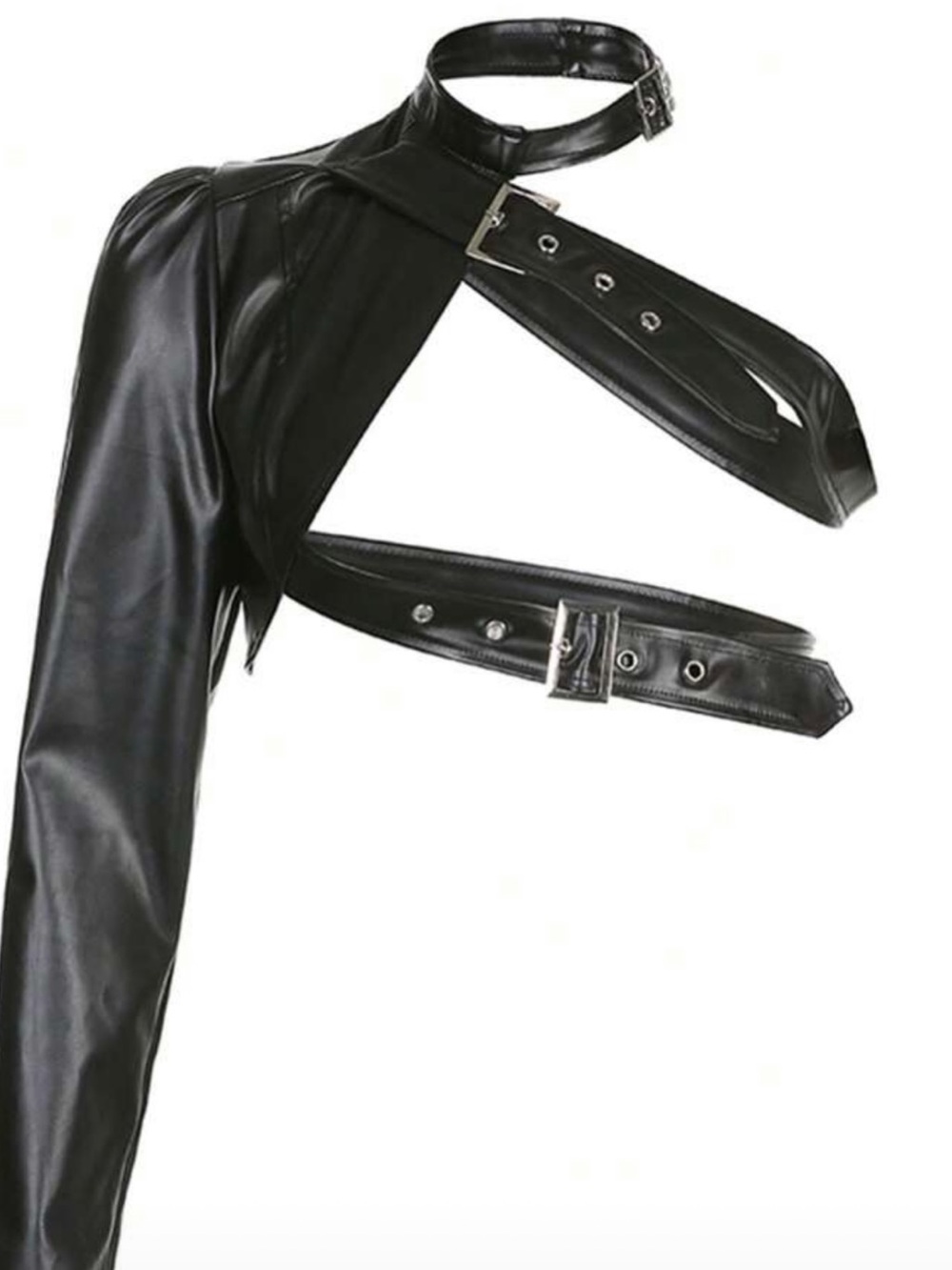 Edgy Black Faux Leather One-Sleeve Harness Top